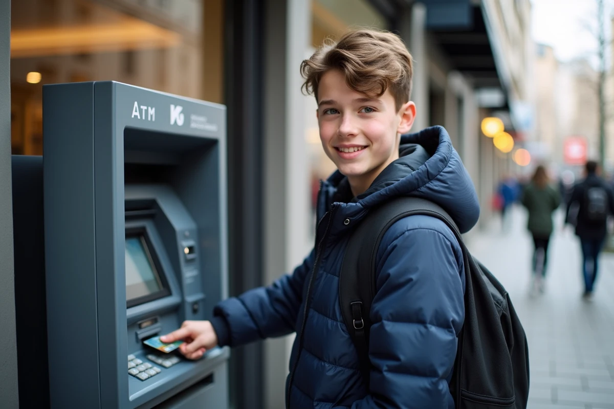 Adolescent utilisant sa carte bancaire Pixpay à un distributeur automatique en milieu urbain