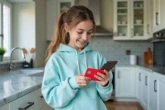 Adolescente tenant une carte bancaire prépayée Pixpay et consultant son application mobile dans une cuisine moderne