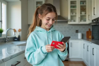 Adolescente tenant une carte bancaire prépayée Pixpay et consultant son application mobile dans une cuisine moderne