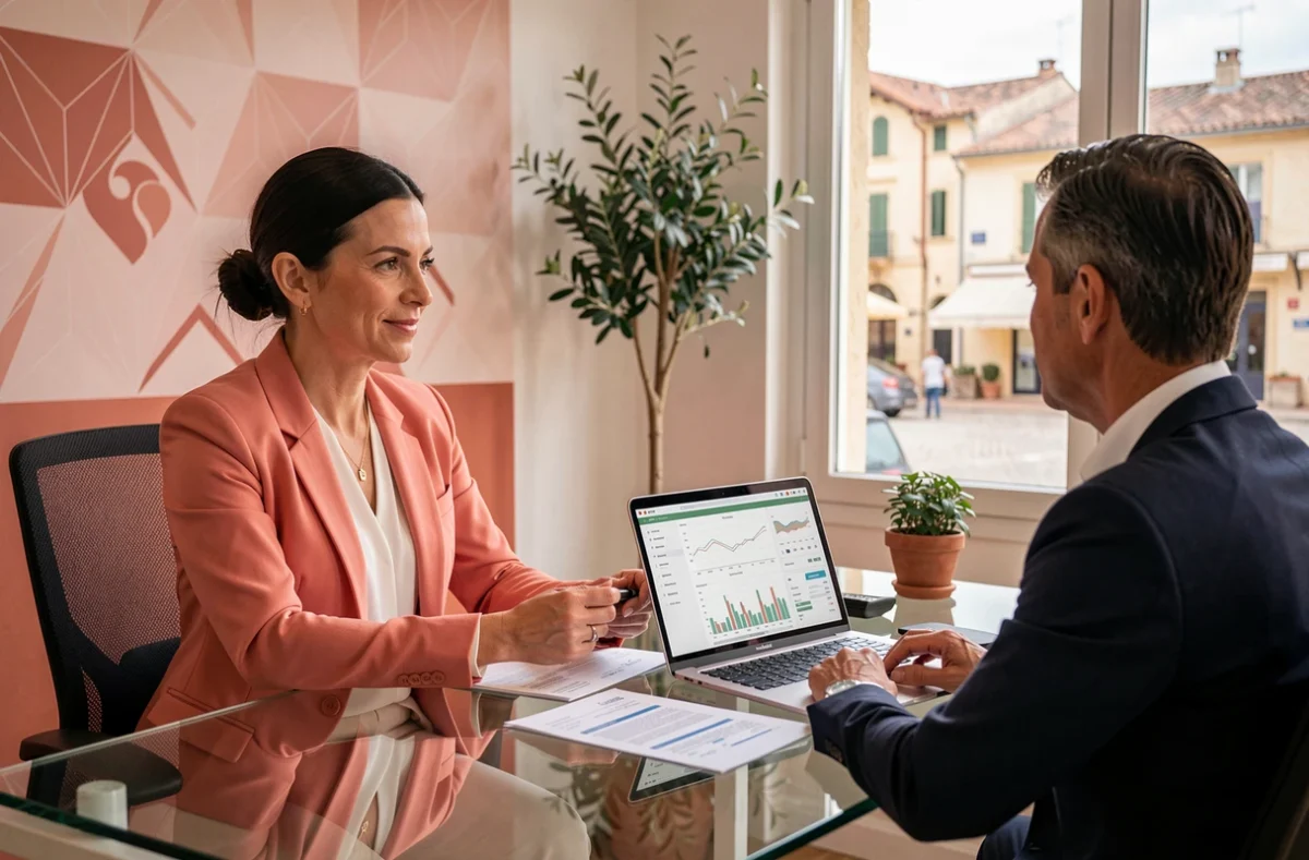 Experte-comptable d'Agencia Expertise Comptable en consultation avec un entrepreneur dans un bureau méditerranéen contemporain