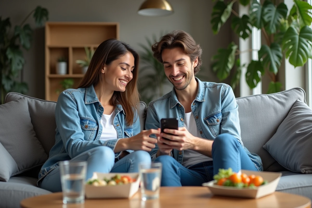 Deux amis français partageant une note de restaurant via une application de paiement mobile sur un canapé