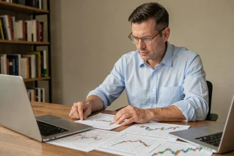 Homme analysant des graphiques de taux Euribor 3 mois pour un projet d'achat immobilier