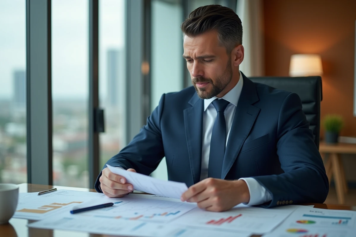 Homme d'affaires analysant des documents boursiers et le portefeuille d'actions Air Liquide dans un bureau moderne
