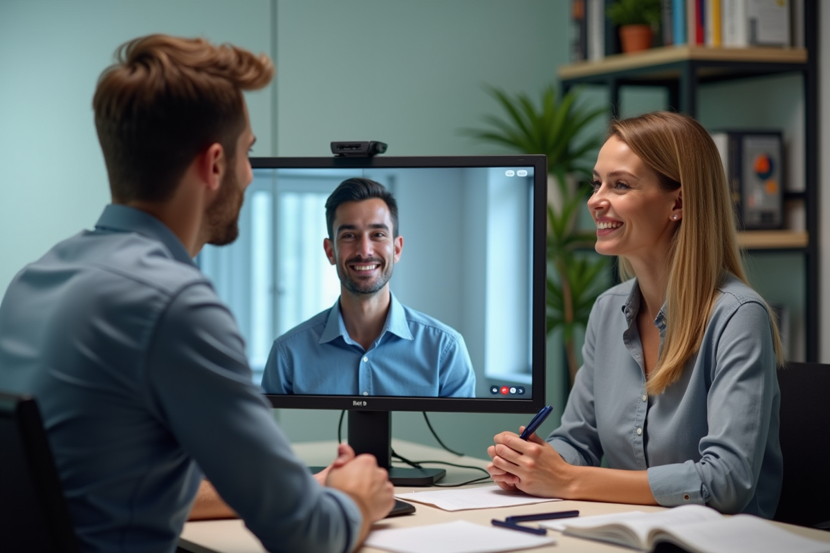 Jeune analyste assurance en visioconference avec manager