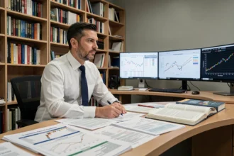Analyste financier étudiant les facteurs Fama-French sur des documents de recherche quantitative dans un bureau professionnel