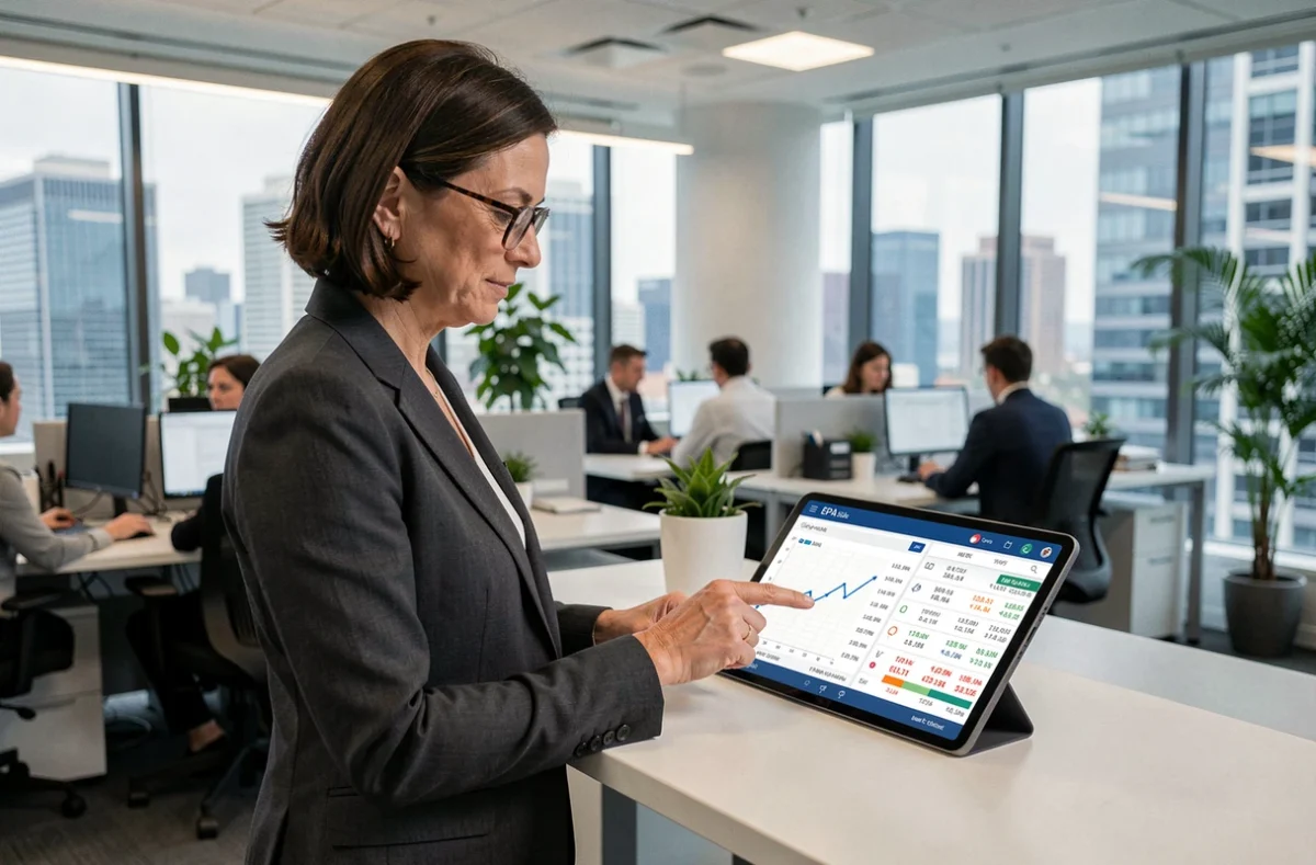 Analyste financière consultant les données EPA d'Air Liquide sur tablette dans un bureau professionnel