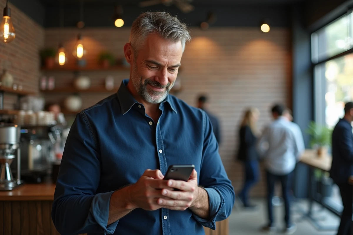 Homme consultant son application bancaire mobile dans un café urbain pour gérer plusieurs comptes sans stress