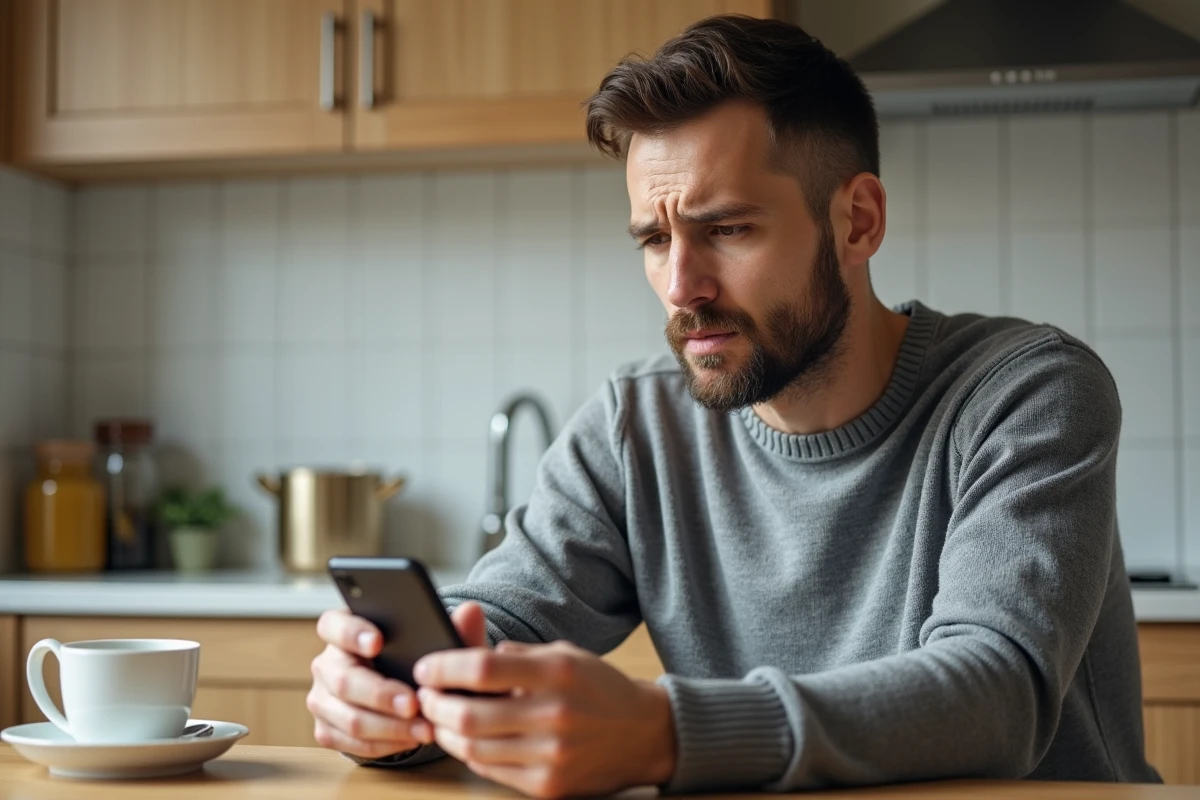 Un homme consulte les paramètres de son application bancaire Société Générale sur smartphone dans sa cuisine