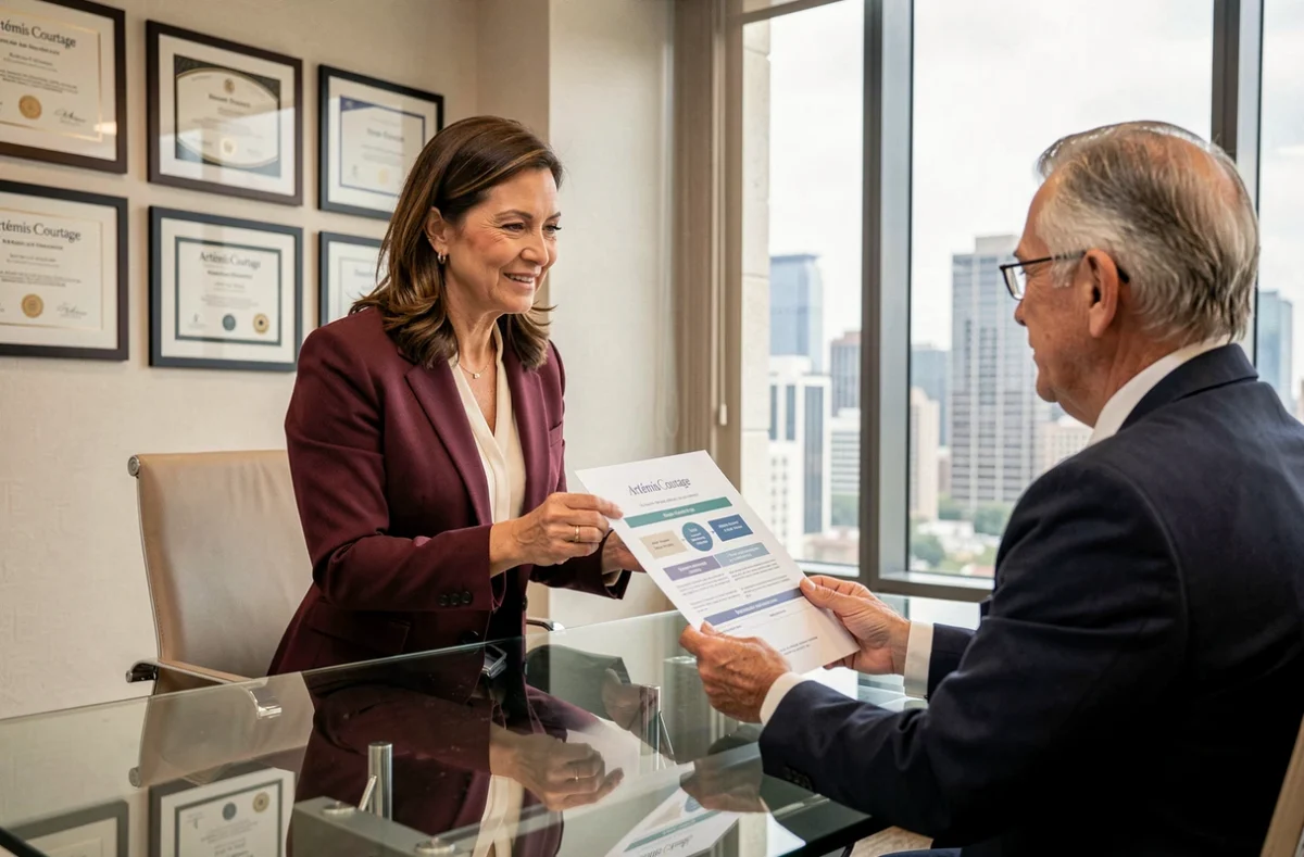 Consultante Artémis Courtage présentant des solutions de courtage immobilier à un client