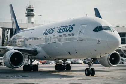 Avion Airbus en livrée commerciale garé à un terminal d'aéroport international, vue depuis le tarmac