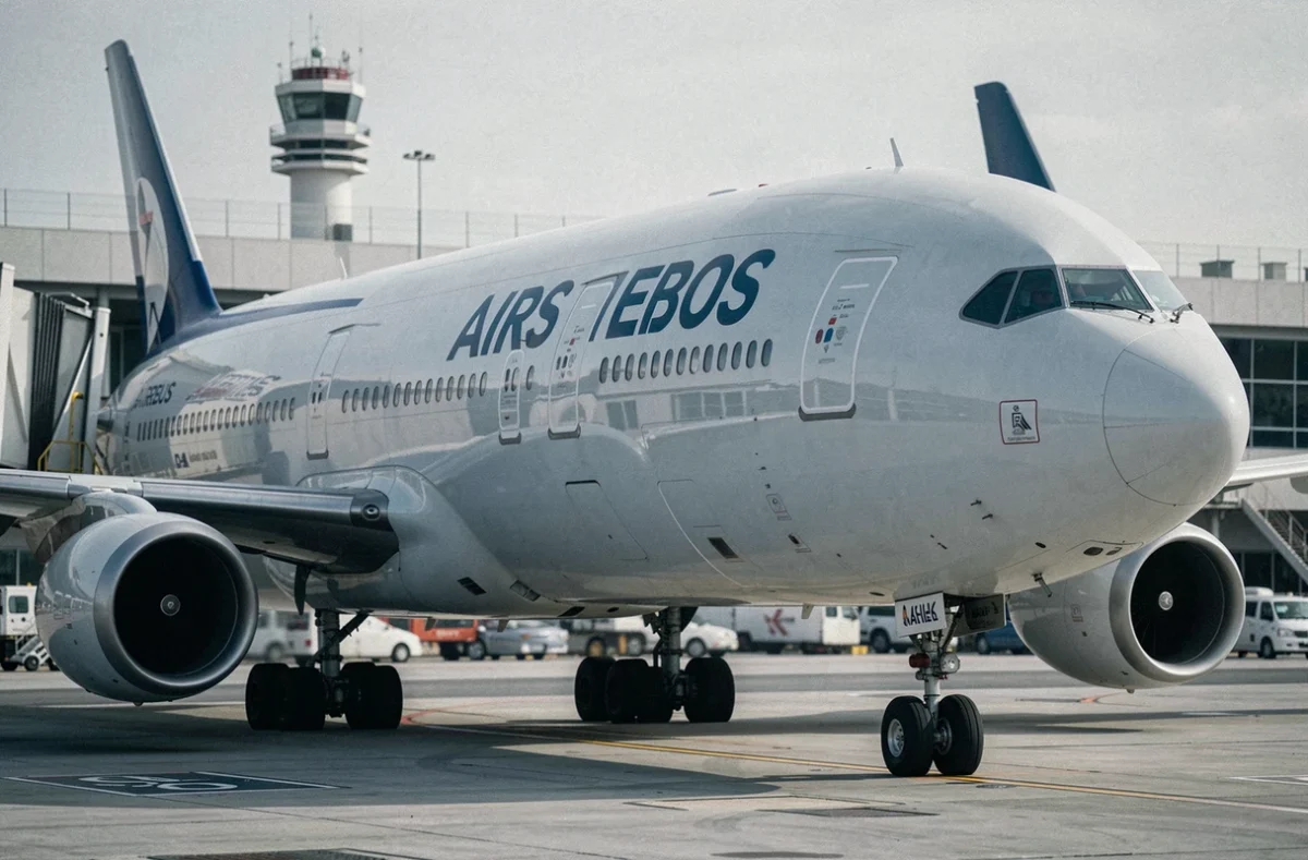 Avion Airbus en livrée commerciale garé à un terminal d'aéroport international, vue depuis le tarmac
