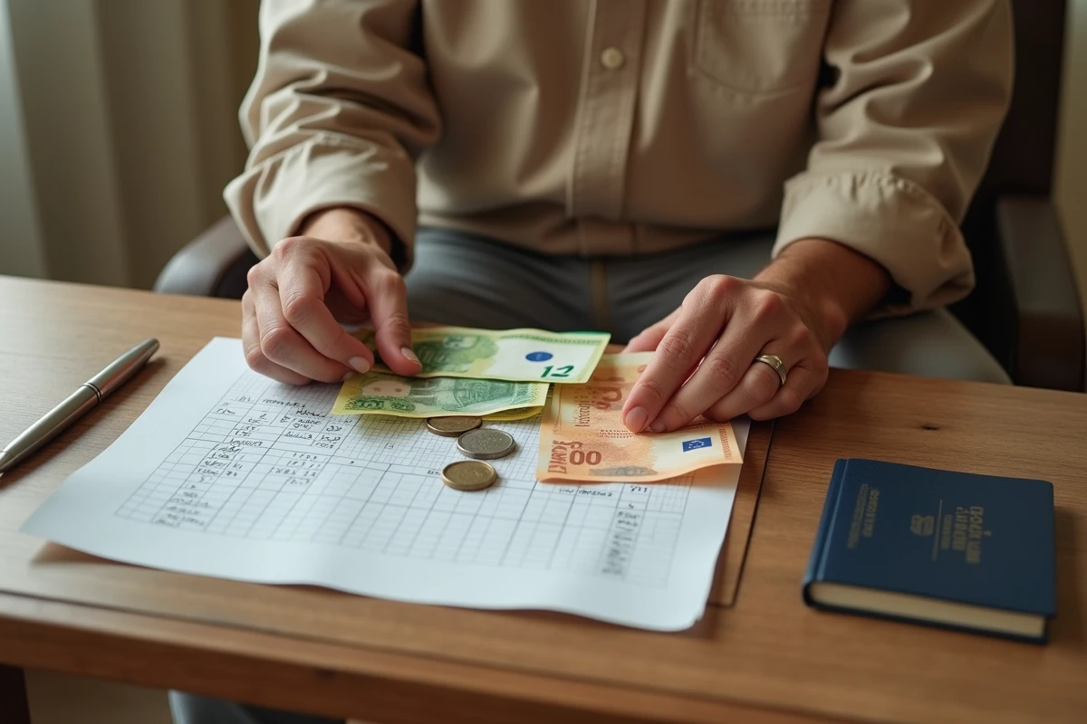 Mains disposant des billets de dirham marocain et des pièces en euros avec un tableau de conversion manuscrit