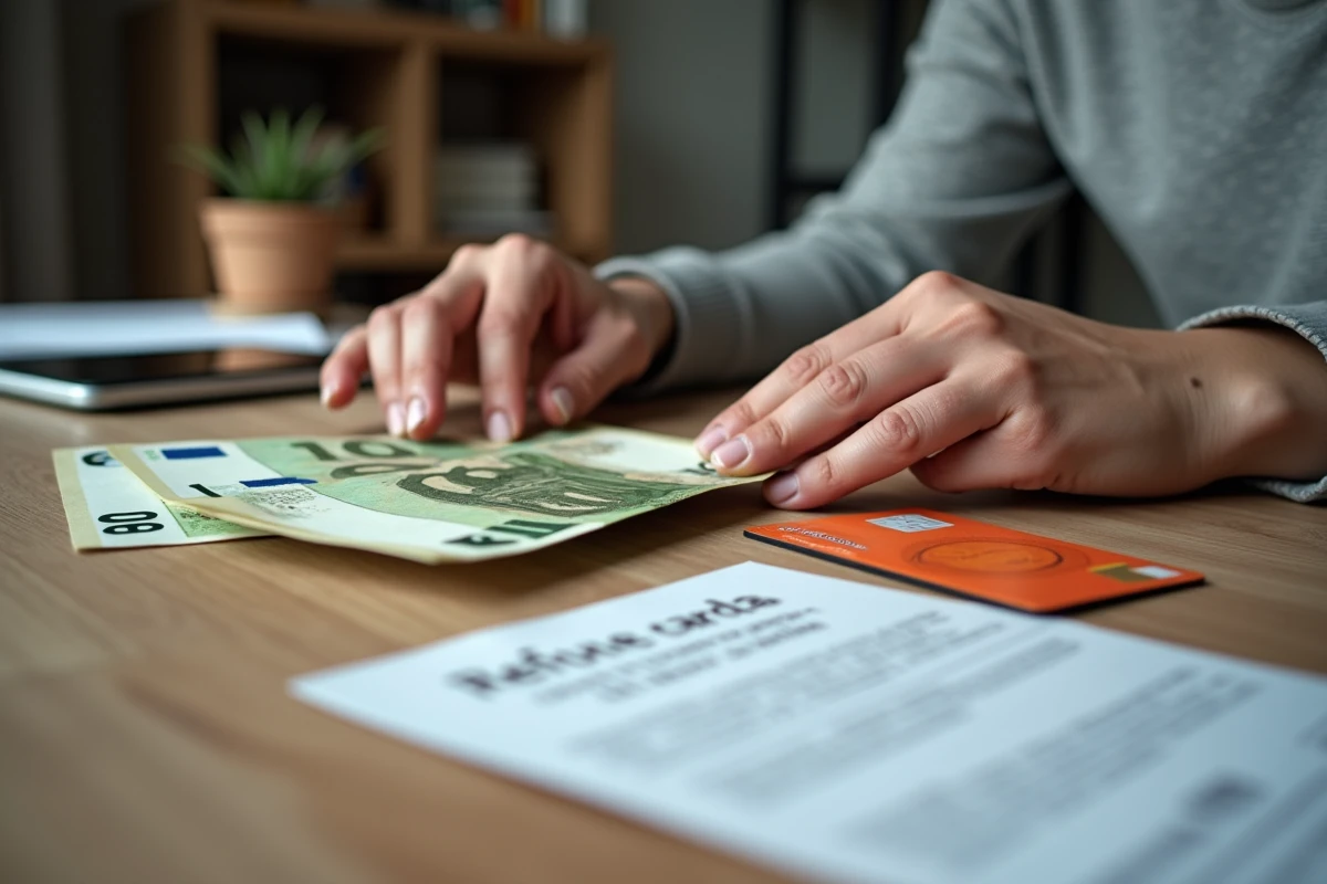 Mains comptant des billets en euros avec carte Nickel et reçu de refus de dépôt