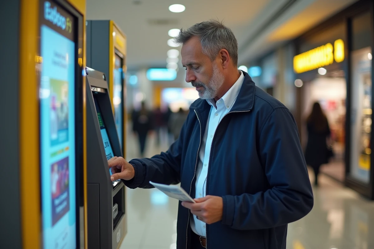 Homme utilisant une borne Western Union en libre-service dans un centre commercial français