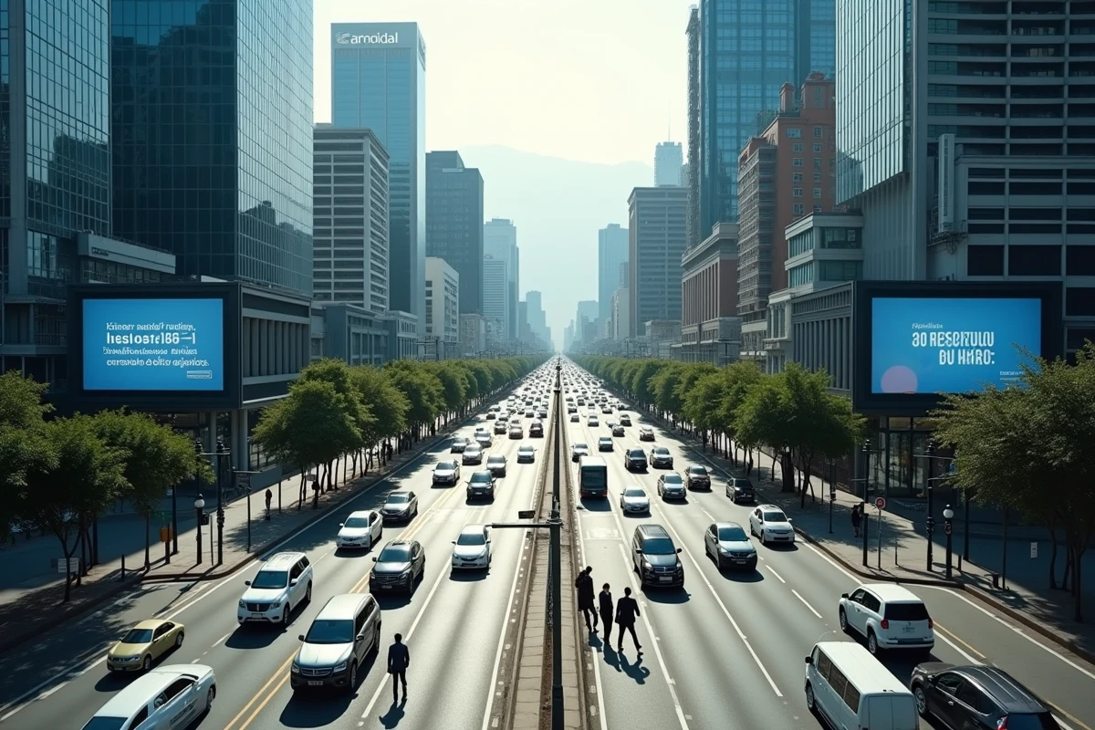 Vue aérienne d'un boulevard financier dans une mégapole latino-américaine symbolisant la croissance des pays émergents