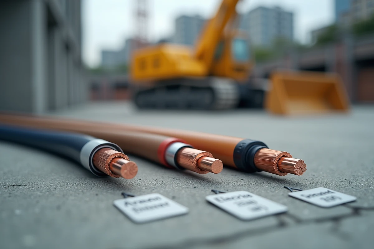 Câbles électriques en cuivre avec étiquettes sur sol en extérieur