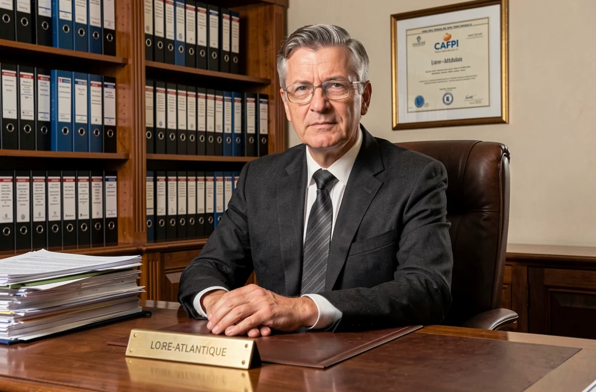 Expert courtier de CAFPI Loire-Atlantique dans son bureau formel avec dossiers de financement immobilier