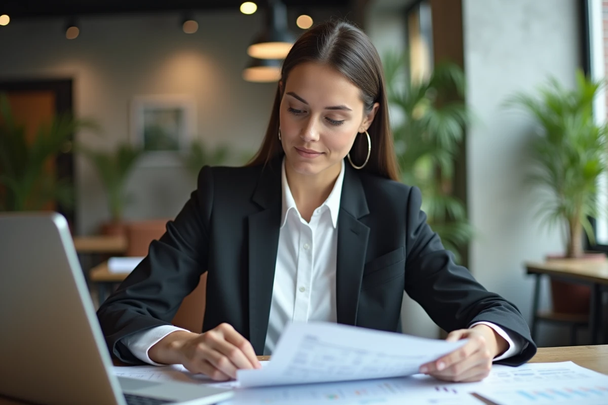 Femme entrepreneur calculant les charges d'une ARE lors de la création de son entreprise à un bureau moderne