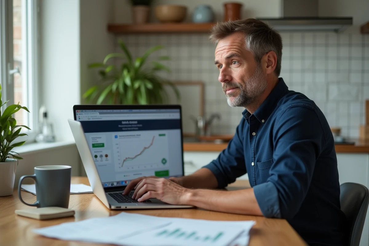 Homme calculant son salaire net depuis son domicile sur un ordinateur portable, conversion brut en net 2400 euros en 2026