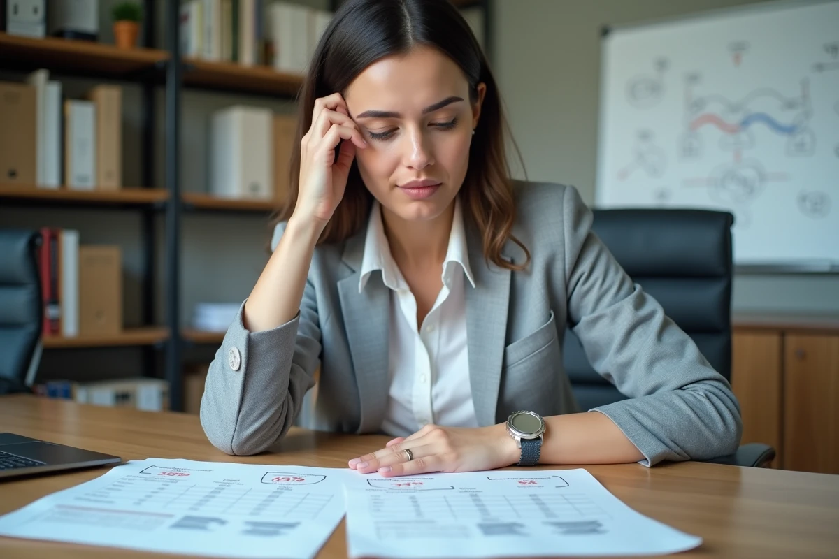Femme analyste calculant un taux d'évolution sur des feuilles de calcul annotées dans un bureau moderne