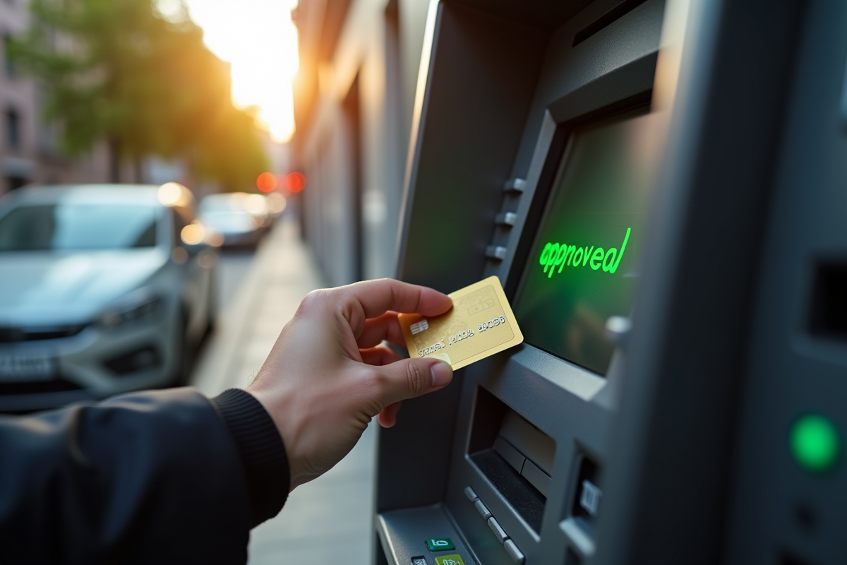 Main insérant carte de crédit dans ATM avec ville en arrière-plan