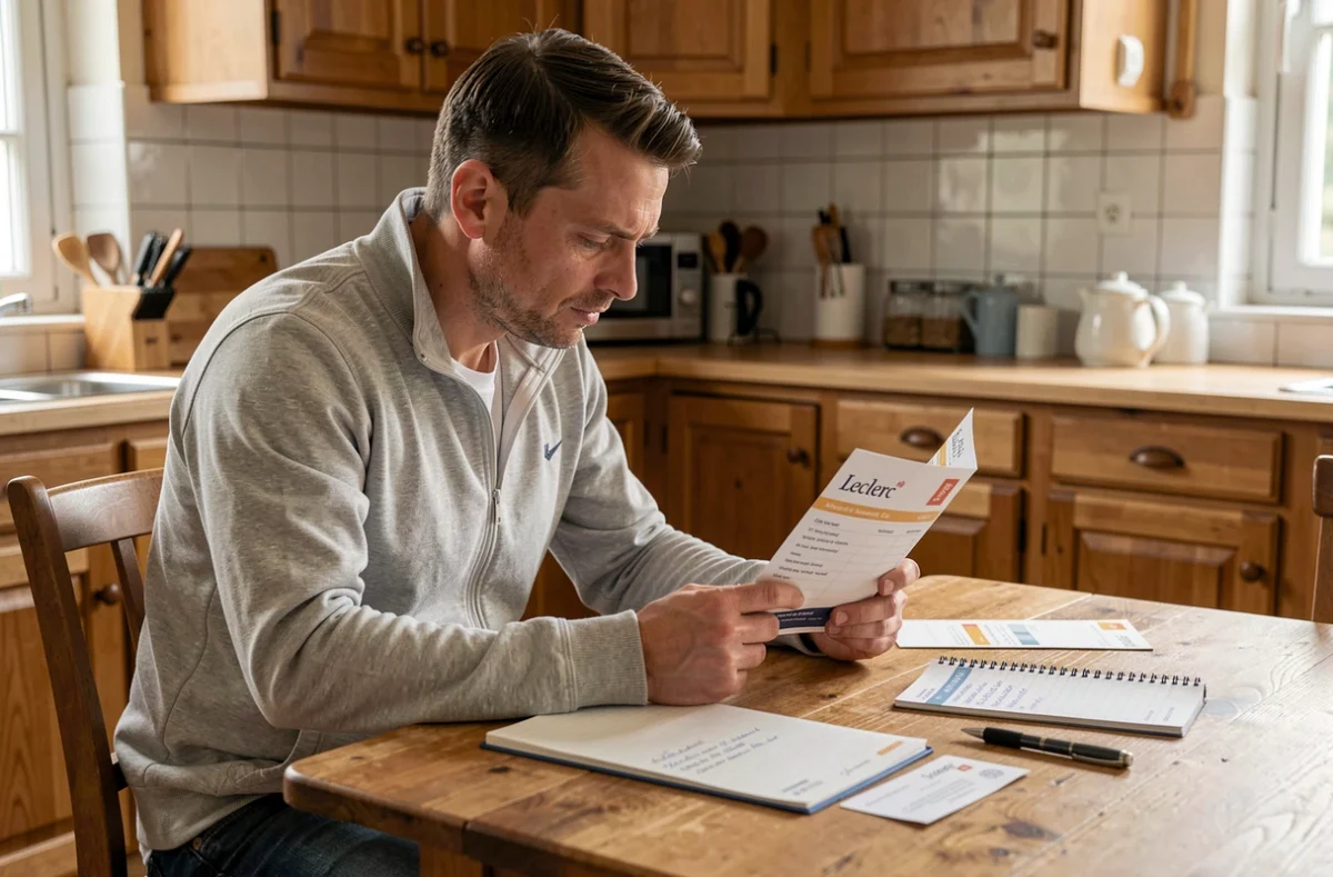 Homme consultant un chèque différé Leclerc et un budget familial à la maison