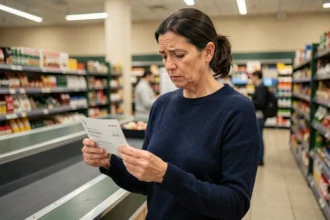Femme tenant un chèque différé Leclerc à la caisse d'un hypermarché en 2026
