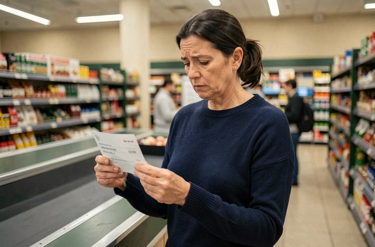 Femme tenant un chèque différé Leclerc à la caisse d'un hypermarché en 2026