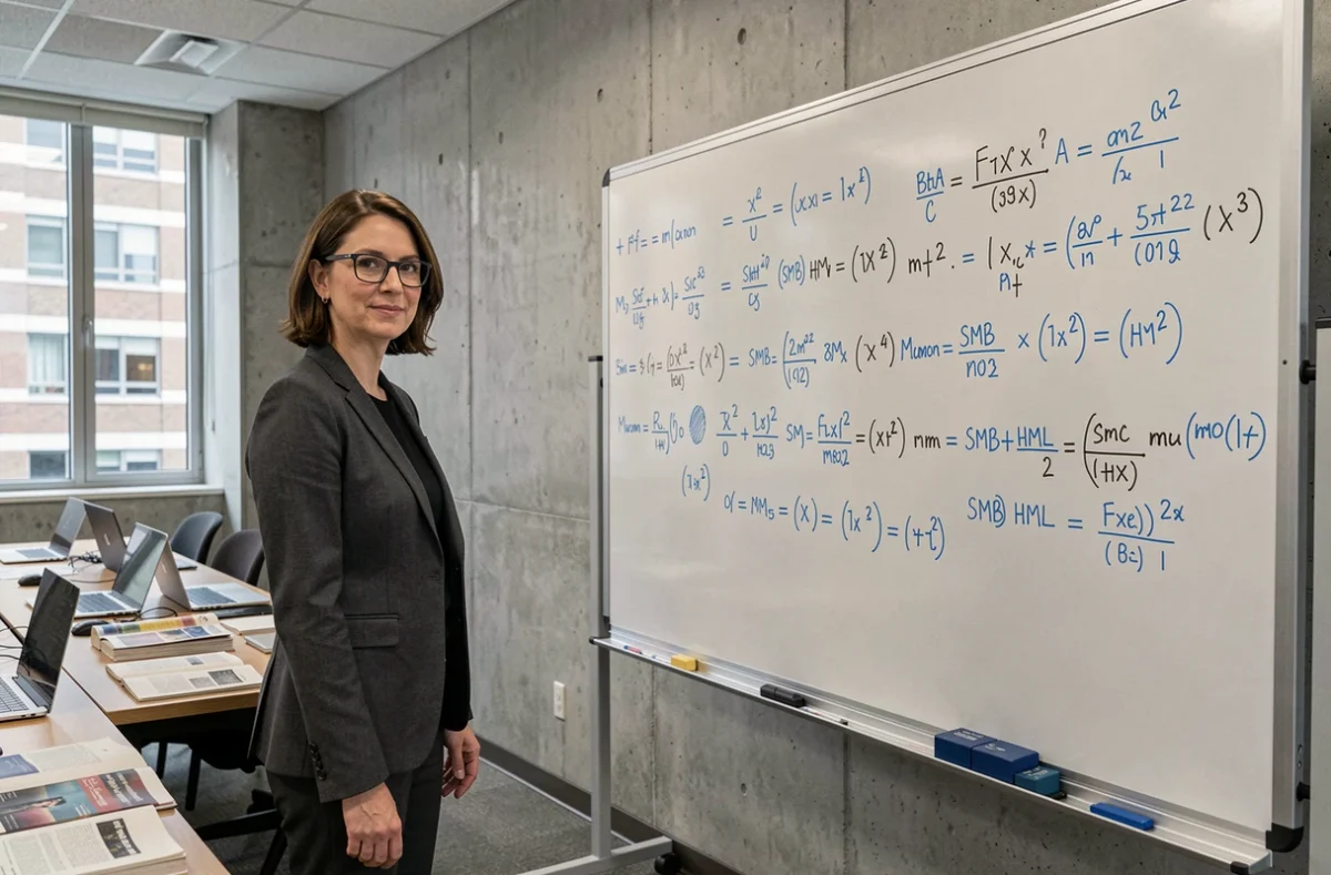 Chercheuse quantitative expliquant le modèle à trois facteurs de Fama-French devant un tableau blanc rempli d'équations financières