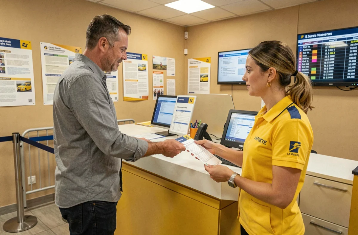 Client déposant un formulaire de changement d'adresse au guichet d'un bureau de La Poste