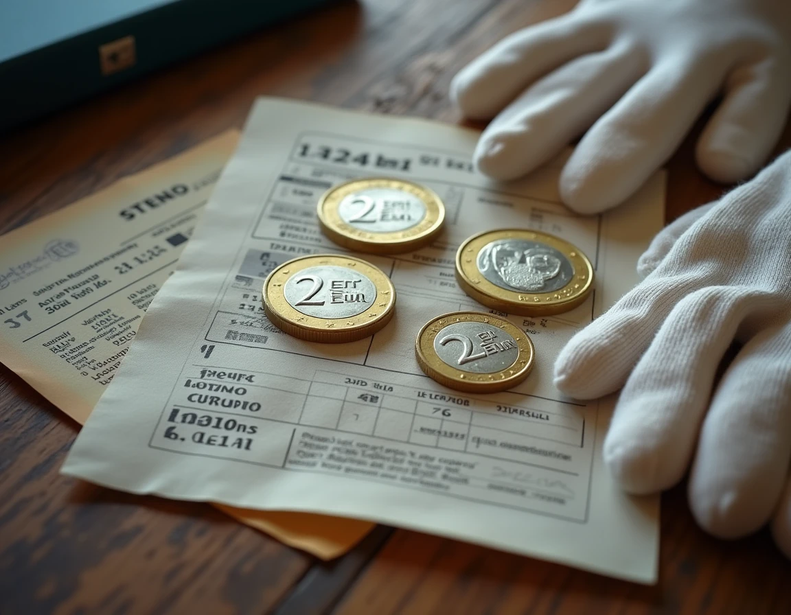 Collection de pièces de 2 euros rares de différents pays européens avec étiquettes de valeur et guide de cotation sur un bureau en bois