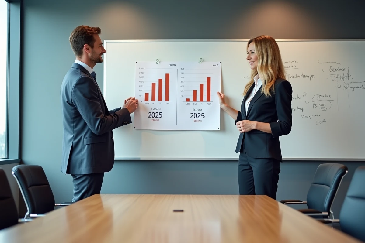 Deux comptables comparant les bilans comptables 2025 et 2026 dans une salle de réunion professionnelle