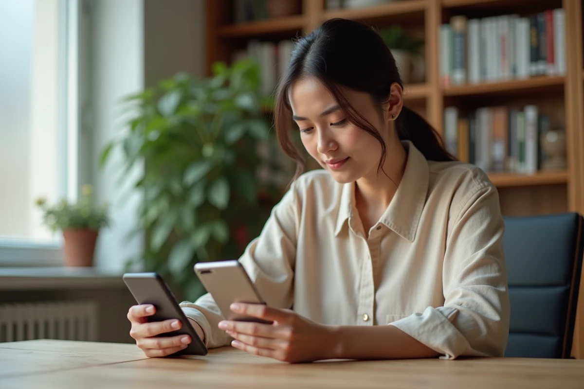 Femme comparant deux applications bancaires sur smartphones, illustrant les différences entre Mon Compte Floa et Floa Pay