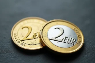 Comparaison entre une pièce de 2 euros neuve et une pièce circulée usée posées côte à côte sur une surface en ardoise sombre