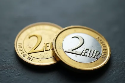 Comparaison entre une pièce de 2 euros neuve et une pièce circulée usée posées côte à côte sur une surface en ardoise sombre