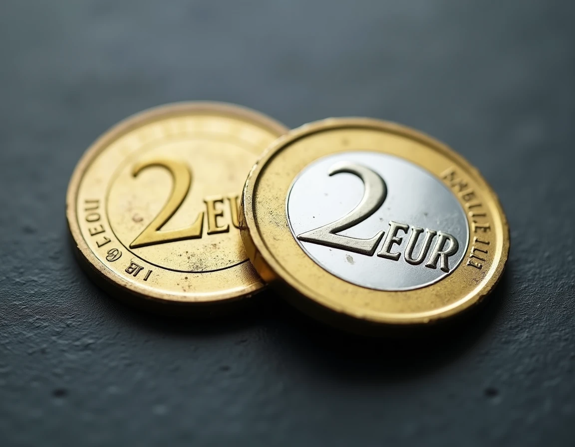 Comparaison entre une pièce de 2 euros neuve et une pièce circulée usée posées côte à côte sur une surface en ardoise sombre