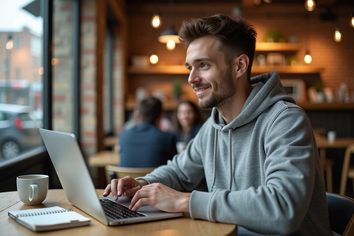 Jeune homme comparant les taux de conversion EUR DZD sur un site web dans un café avec un carnet de calculs
