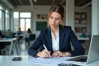 Comptable femme analysant un bilan comptable avec documents imprimés dans un bureau professionnel moderne