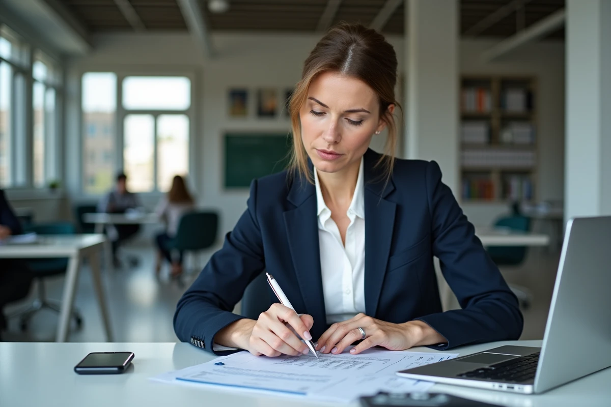 Comptable femme analysant un bilan comptable avec documents imprimés dans un bureau professionnel moderne
