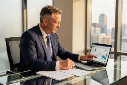 Conseiller financier analysant un portefeuille de SCPI logistique sur ordinateur portable dans un bureau moderne