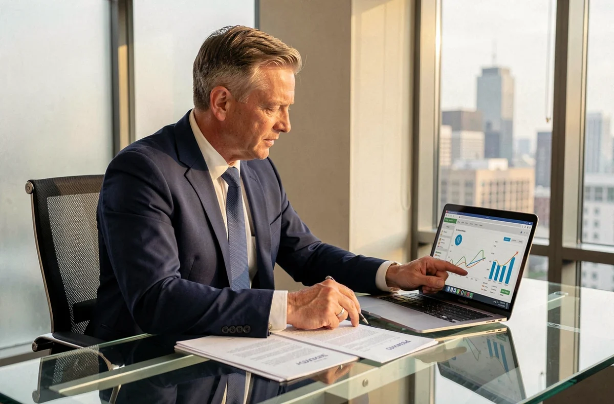 Conseiller financier analysant un portefeuille de SCPI logistique sur ordinateur portable dans un bureau moderne