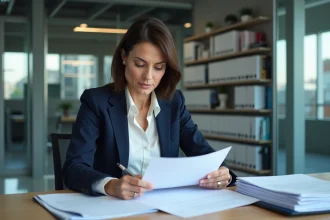 Conseillère bancaire centralisant des contrats La Banque Postale dans un centre financier moderne