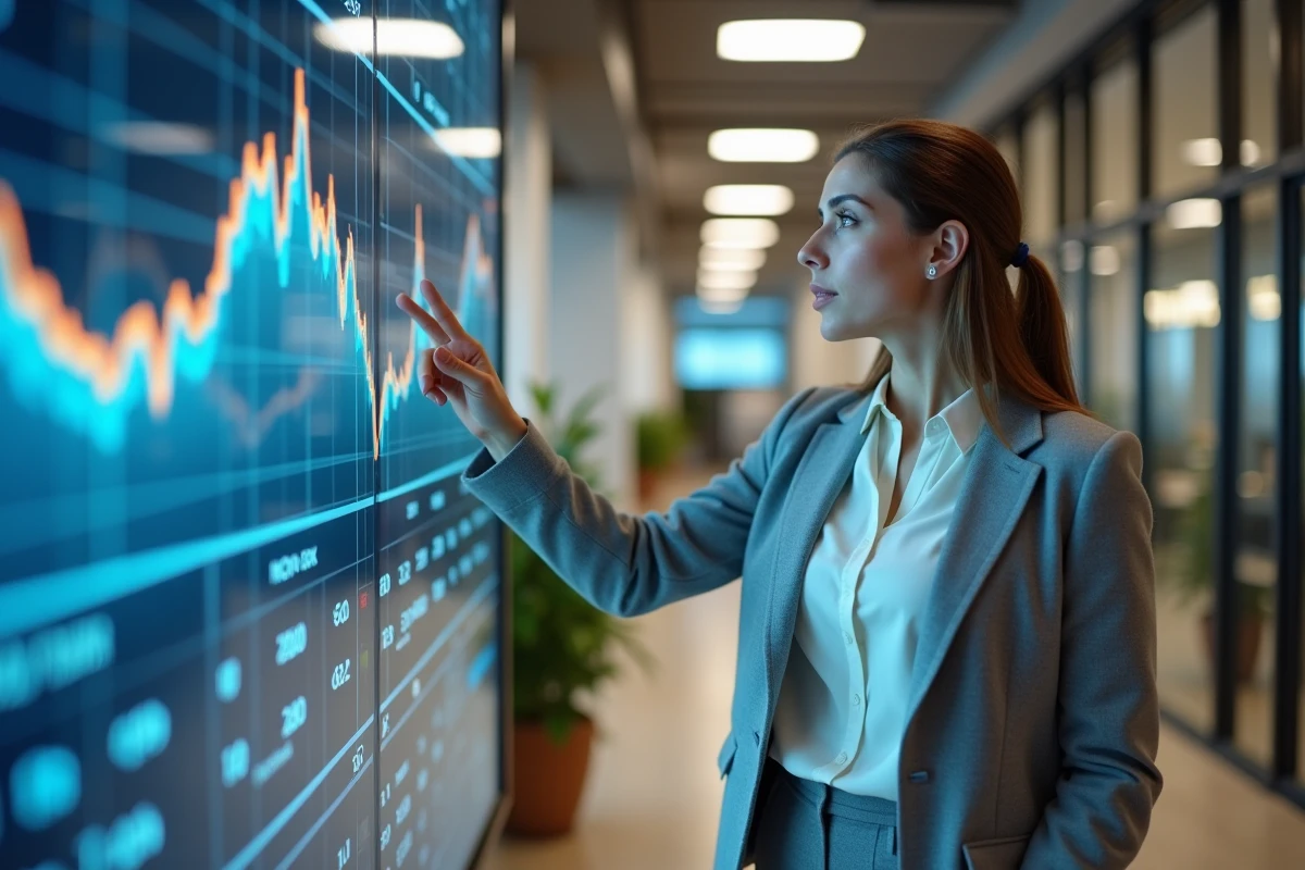 Femme financière présentant l'évolution du cours de l'action Air Liquide sur un écran numérique en bureau