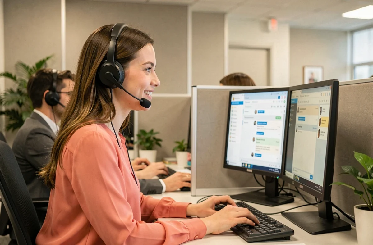 Conseillère du support client d'une néobanque avec casque téléphonique devant des écrans d'interface bancaire, représentant l'assistance aux utilisateurs