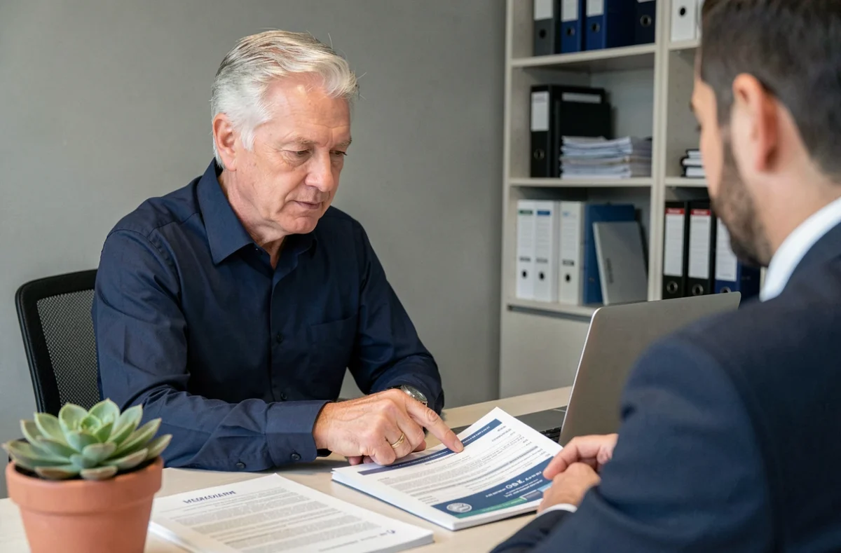 Homme senior en rendez-vous avec un conseiller en mutuelle santé dans une agence