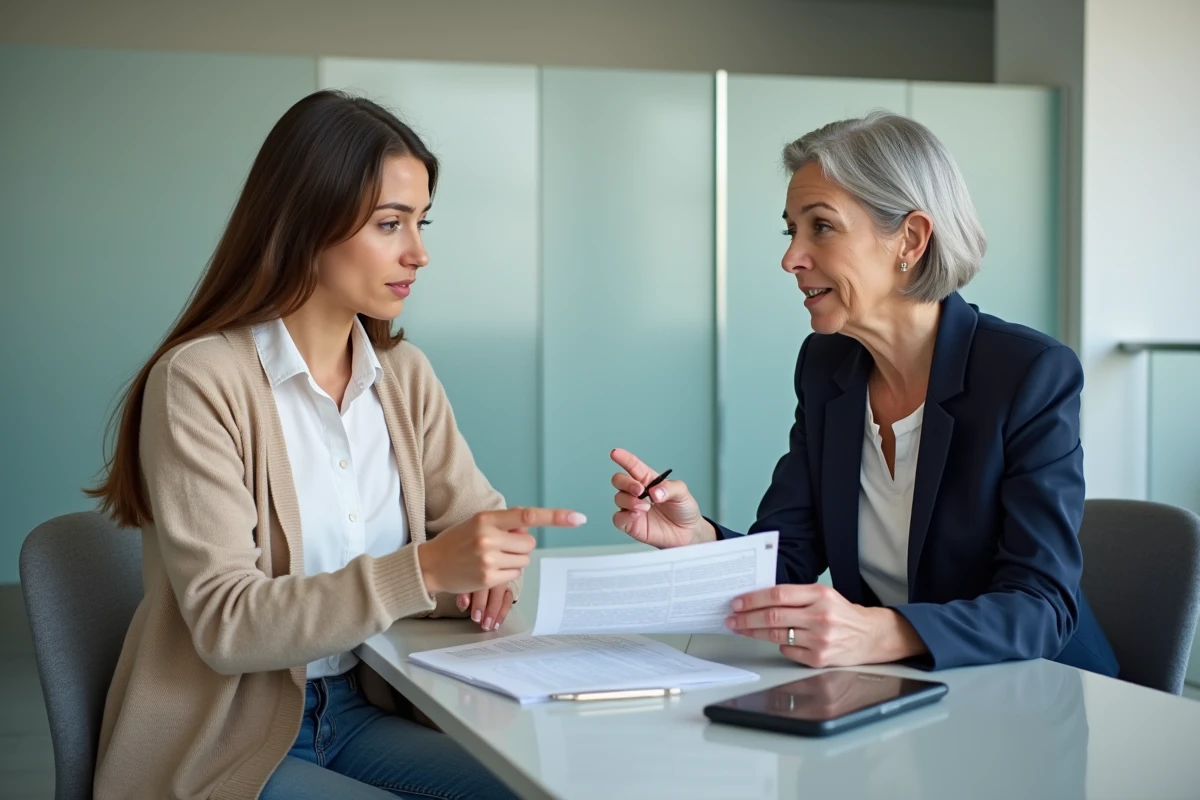 Jeune femme consultant une conseillère juridique pour un recours contre le harcèlement téléphonique d'Intrum