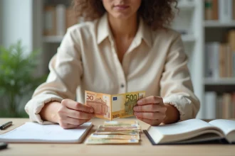Femme comparant des billets de francs suisses et d'euros sur un bureau en bois pour convertir 1000 fr en euros
