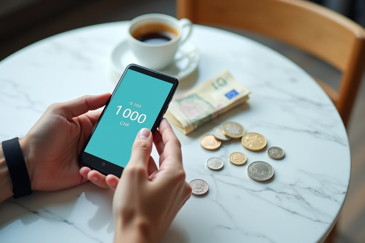 Mains tenant un smartphone affichant la conversion de 1000 francs suisses en euros sur une table en marbre