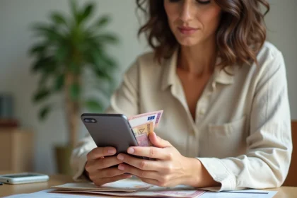 Femme consultant un convertisseur EUR vers DZD sur smartphone avec des billets en euros sur un bureau en bois
