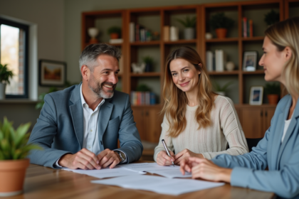 Couple discutant avec agent immobilier dans salon chaleureux